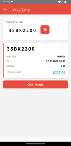 Araç çıkışı: süre ve otomatik hesaplanan ücret