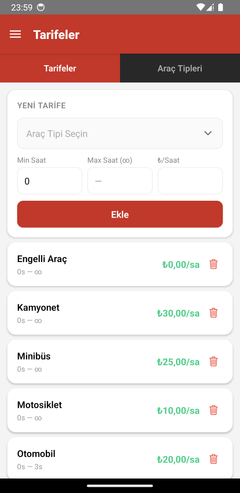 Tarifeler: araç tipine ve saat aralığına göre saatlik ücretler